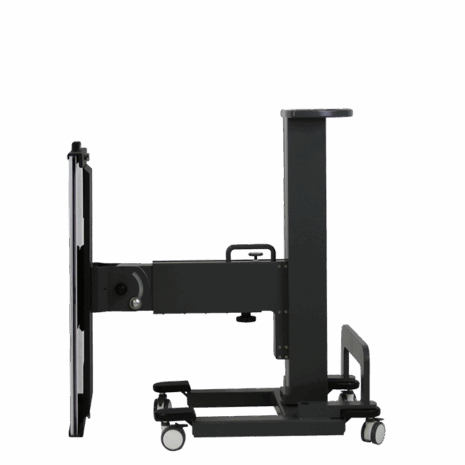 posp80i_profile_portriat2 Adjustable medical imaging table in upright position with wheels, shown in side profile
