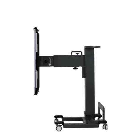 posp80i_profile_portriat3 Adjustable medical imaging table in upright position with wheels, shown in side profile