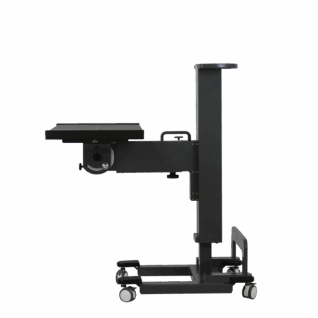 posp80i_profile_supin2 Adjustable medical imaging table with wheels, shown in side profile.