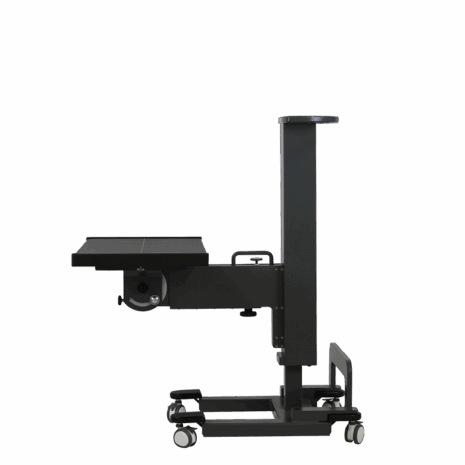 posp80i_profile_supine Adjustable medical imaging table with wheels, shown in side profile.