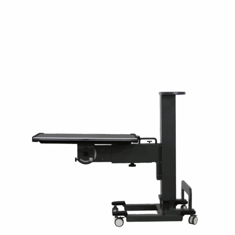 posp80i_profile_supine3 Adjustable medical imaging table with wheels, shown in side profile.