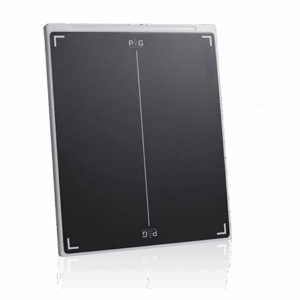 Angled view of a black X-ray grid with white alignment markers, encased in a slim white protective frame