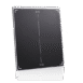 Angled view of a black X-ray grid with white alignment markers, encased in a slim white protective frame