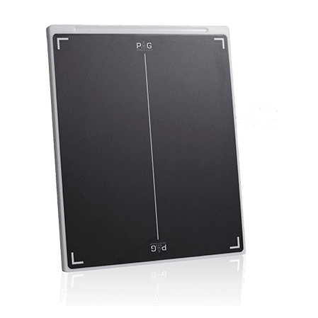 Angled view of a black X-ray grid with white alignment markers, encased in a slim white protective frame
