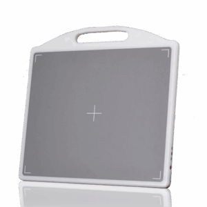 Front view of a gray panel with a white frame, integrated handle, and alignment markers.