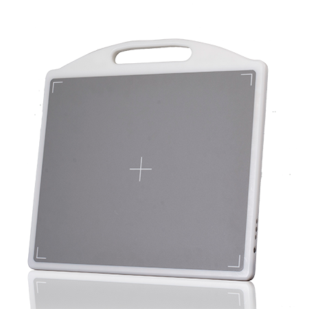 Front view of a gray panel with a white frame, integrated handle, and alignment markers.