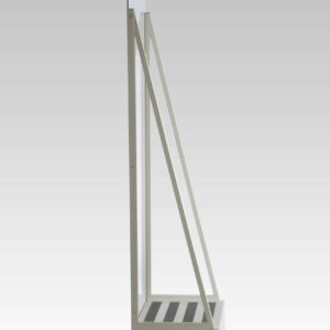 Side profile view of protective shield with clear panel and angled support frame on solid base