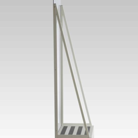 stitch-stand-profile-scaled Side profile view of protective shield with clear panel and angled support frame on solid base