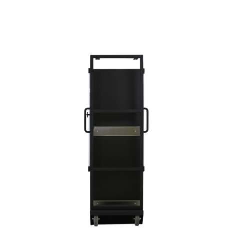 tm80i_back-1 Rear view of a tall black metal cart with shelves and caster wheels