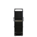 Rear view of a tall black metal cart with shelves and caster wheels
