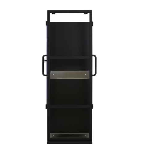 tm80i_back Front view of a tall black metal cart with handles and caster wheels