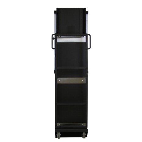 tm80i_back1-1 Rear view of a tall black metal cart with shelves and caster wheels