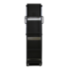 Rear view of a tall black metal cart with shelves and caster wheels