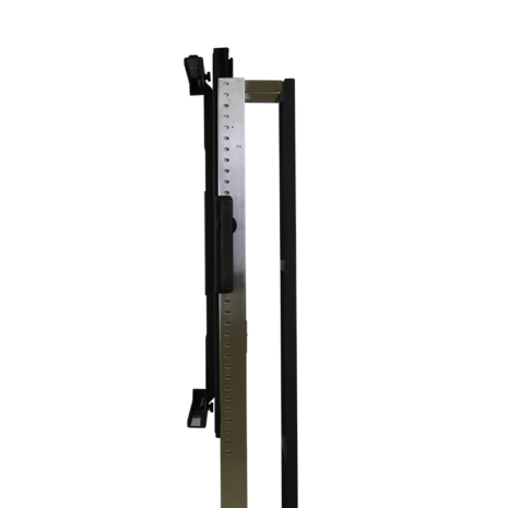 tm80i_carriage-1 Side view of a metal frame with adjustable holes and black brackets.