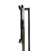 Side view of a metal frame with adjustable holes and black brackets.