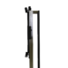 Side view of a metal frame with adjustable holes and black brackets.