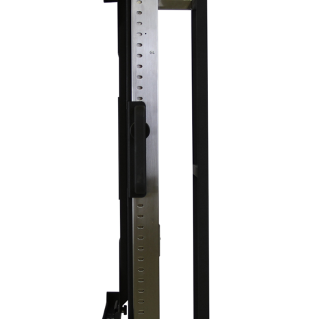 tm80i_carriage Side view of a metal frame with adjustable slots and black handles.