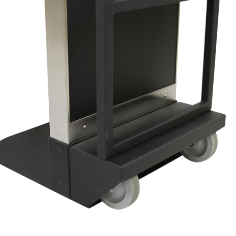 tm80i_casters-1 Close-up of the base of a black metal cart with two gray caster wheels and a support frame