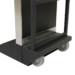 Close-up of the base of a black metal cart with two gray caster wheels and a support frame
