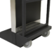 Close-up of the base of a black metal cart with two gray caster wheels and a support frame