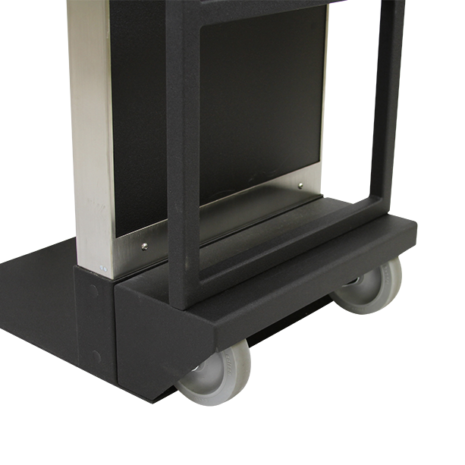 tm80i_casters Close-up of a cart base with two gray caster wheels.