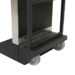 Close-up of a cart base with two gray caster wheels.