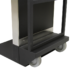 Close-up of a cart base with two gray caster wheels.