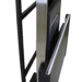 Angled view of a metallic stand with a black frame and a mounted panel, showing layered components and a slim rectangular support structure.