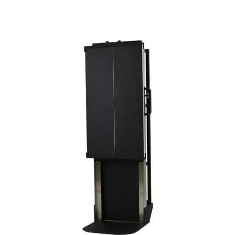 tm80i_hero-1 Angled front view of a tall black metal cart with side handles and a partially lowered base section.