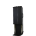 Angled front view of a tall black metal cart with side handles and a partially lowered base section.