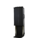 Angled front view of a tall black metal cart with side handles and a partially lowered base section.