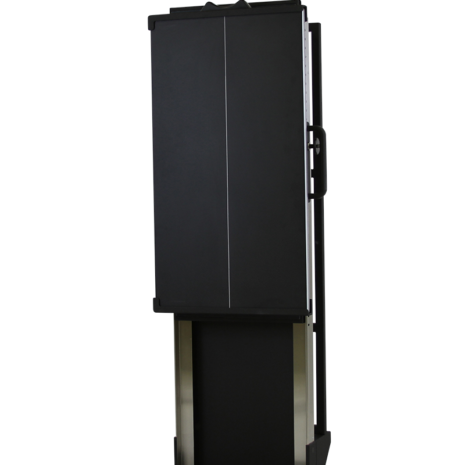 tm80i_hero Tall black rectangular panel with a vertical center line and side handles, mounted on a metallic frame with an open lower section and flat base, shown at a slight angle.