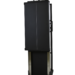 Tall black rectangular panel with a vertical center line and side handles, mounted on a metallic frame with an open lower section and flat base, shown at a slight angle.