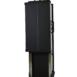 Tall black rectangular panel with a vertical center line and side handles, mounted on a metallic frame with an open lower section and flat base, shown at a slight angle.