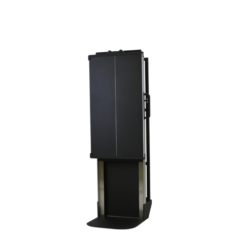 tm80i_hero1-1 Angled front view of a tall black metal cart with side handles and a partially lowered base section.