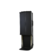 Angled front view of a tall black metal cart with side handles and a partially lowered base section.