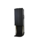 Angled front view of a tall black metal cart with side handles and a partially lowered base section.