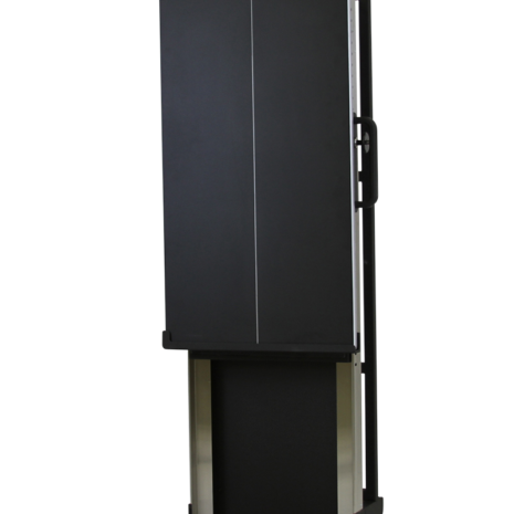 tm80i_hero1 Tall black rectangular panel with a vertical center line and side handles, mounted on a metallic frame with a flat base, shown at a slight angle.