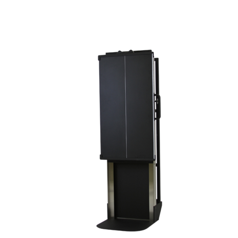 tm80i_hero2-1 Angled front view of a tall black metal cart with side handles and a partially lowered base section.