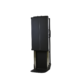 Angled front view of a tall black metal cart with side handles and a partially lowered base section.