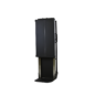 Angled front view of a tall black metal cart with side handles and a partially lowered base section.