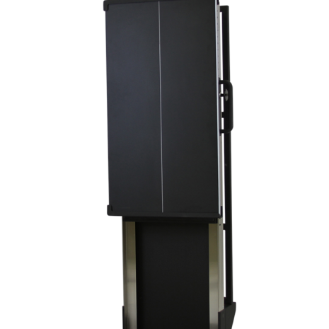tm80i_hero2 Tall black rectangular panel with a vertical center line and side handles, mounted on a metallic frame with a flat base, shown at a slight angle.