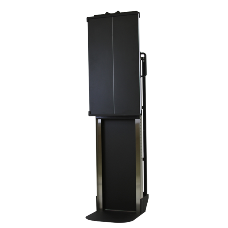 tm80i_hero3-1 Angled front view of a tall black metal cart with side handles and a partially lowered base section