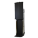 Angled front view of a tall black metal cart with side handles and a partially lowered base section
