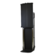 Angled front view of a tall black metal cart with side handles and a partially lowered base section
