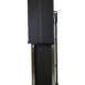 Tall black rectangular panel with a vertical center line and side handles, mounted on a metallic frame with a flat base, shown at a slight angle.
