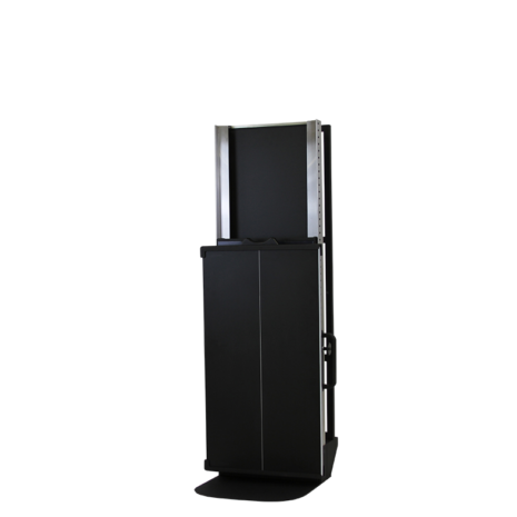 tm80i_hero4-1 Angled front view of a tall black metal cart with side handles and a partially extended top section