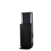 Angled front view of a tall black metal cart with side handles and a partially extended top section