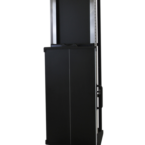 tm80i_hero4 Tall black rectangular panel with a vertical center line and side handles, mounted on a metallic frame with a flat base, shown at a slight angle.