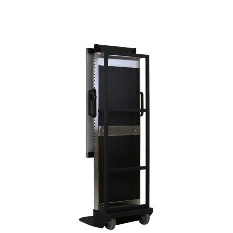 tm80i_hero_back-1 Rear angled view of a tall black metal cart with a vertical frame, side handles, and caster wheels.
